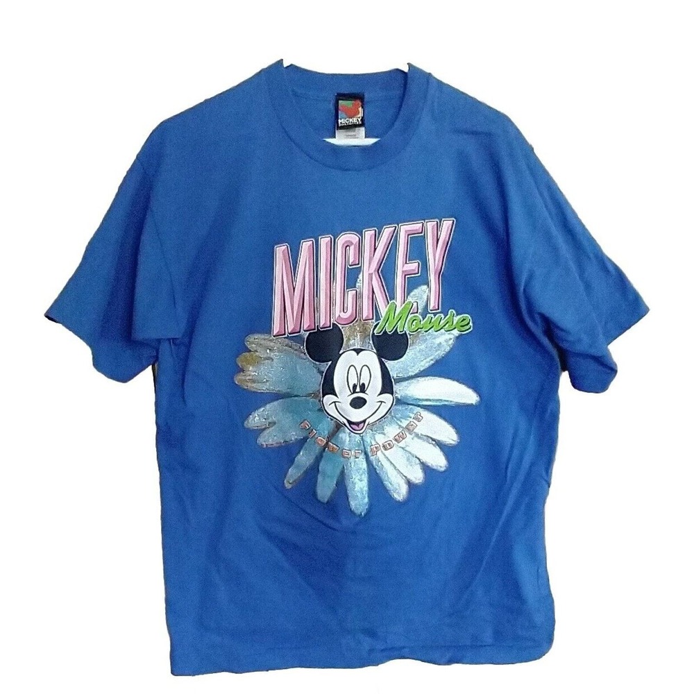 Vtg 90s Y2K Mickey Mouse Unlimited Flower Power Shirt Disney Blue Glitter Large